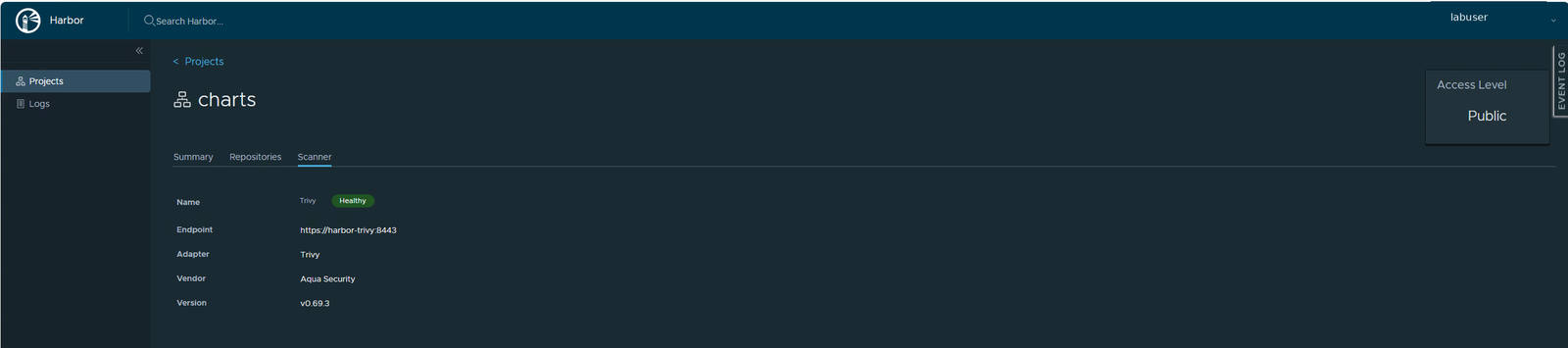The Scanner tab showing Trivy with a Healthy status