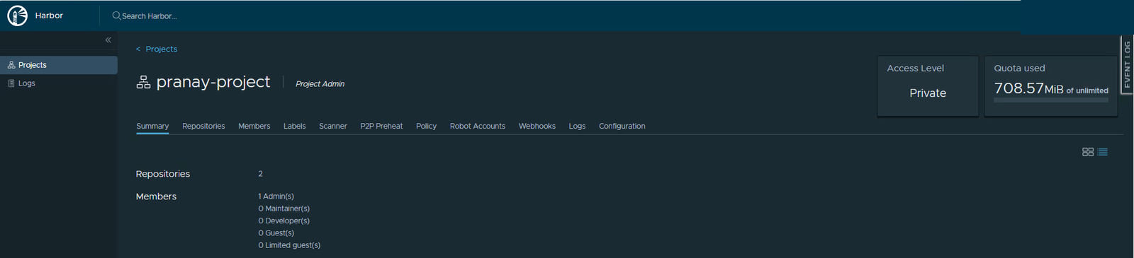 The project summary showing 708 MiB used of unlimited, and 2 repositories