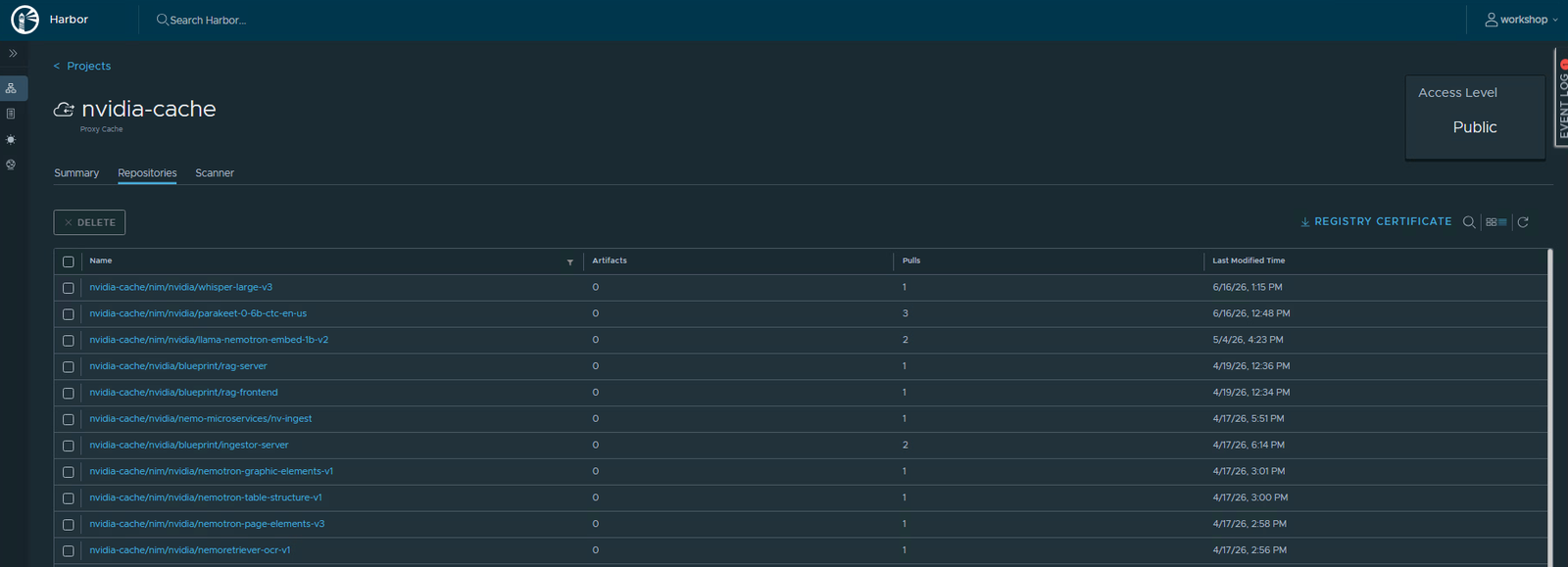 Inside the nvidia-cache proxy cache project, the Repositories tab listing cached model images and their pull counts