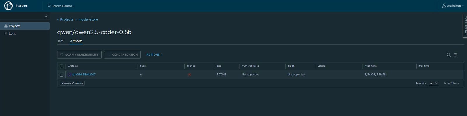 The qwen2.5-coder-0.5b artifact in Harbor showing the v1 tag, sha256 digest, and 3.72 KiB size