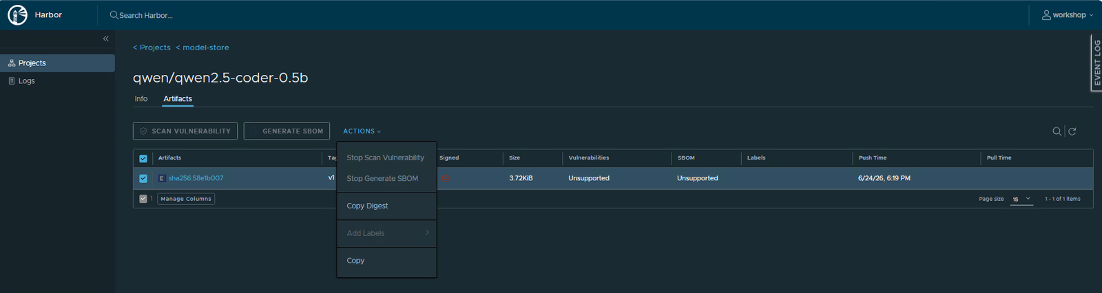The Actions menu open on the artifact, showing Copy Digest and Copy options