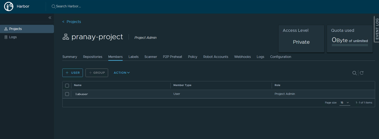 The Members tab showing one Project Admin
