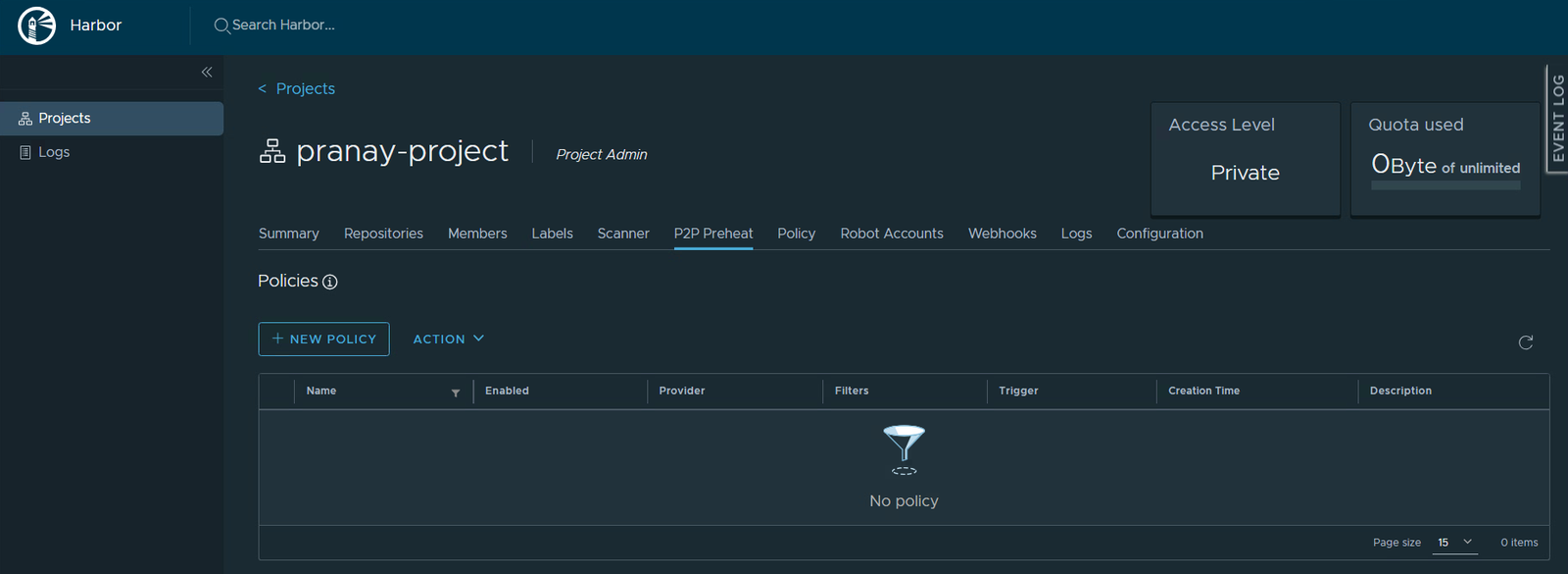 The P2P Preheat tab, no policy
