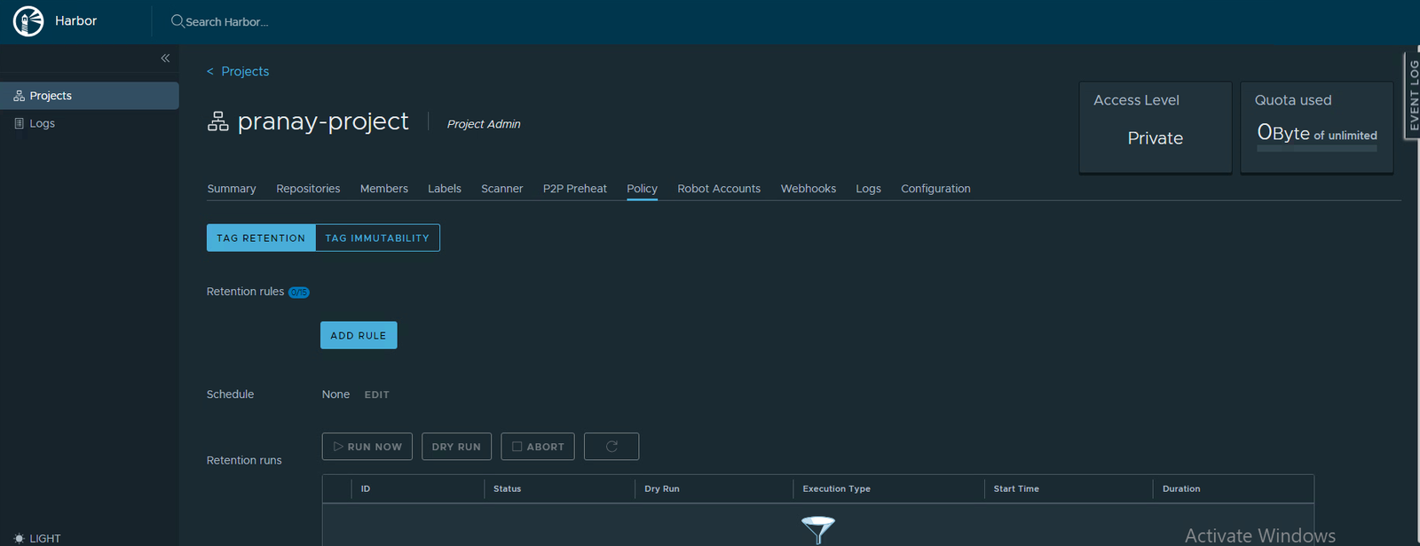 The Policy tab with tag retention and immutability
