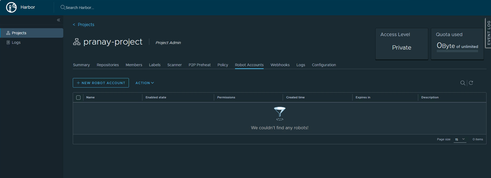 The Robot Accounts tab, empty