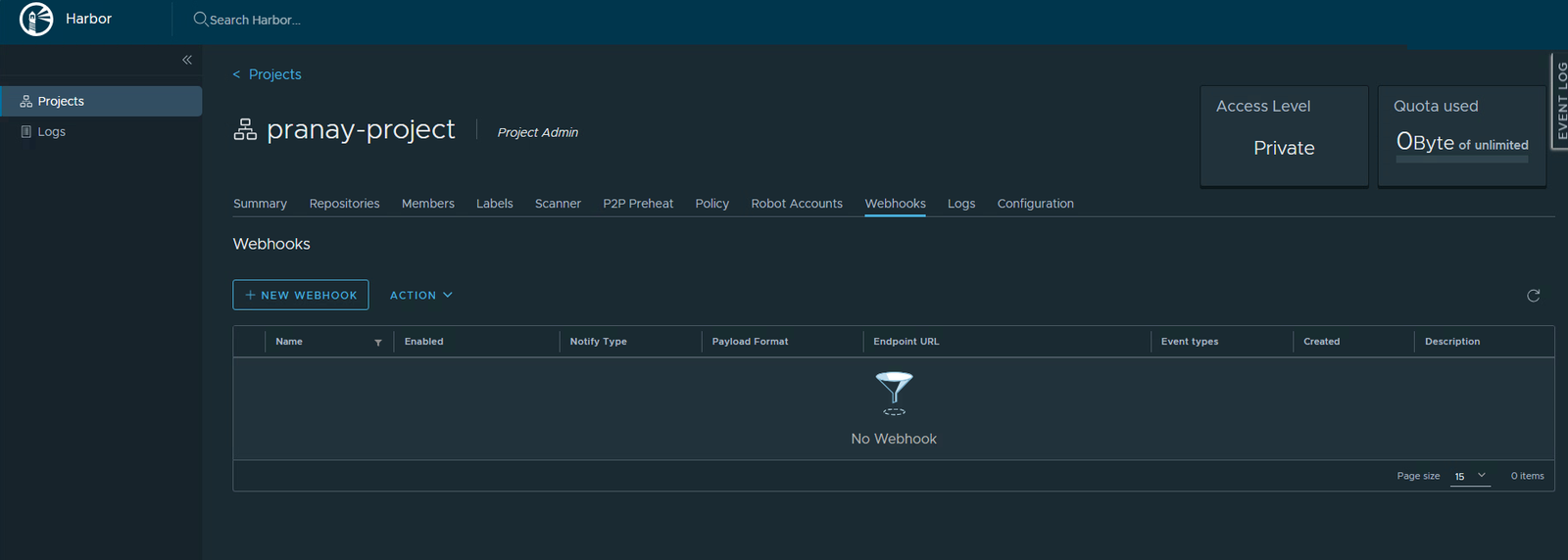 The Webhooks tab, empty