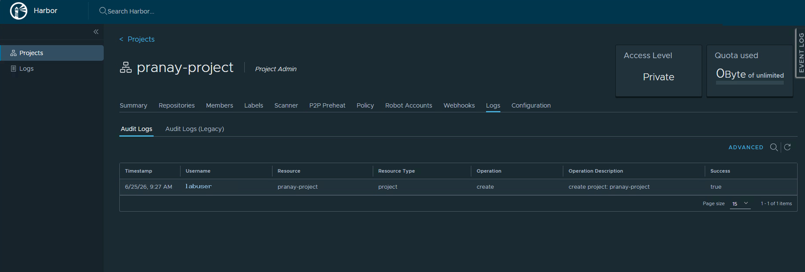 The Logs tab showing the project creation entry