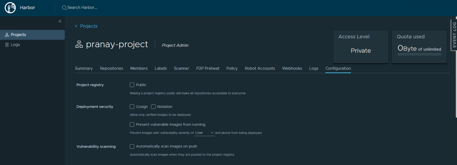 The Configuration tab with security and scanning options