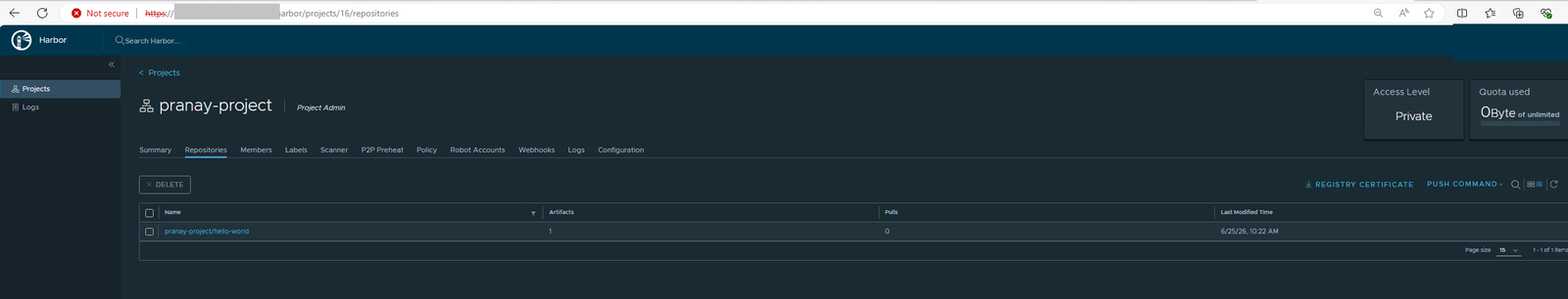 The pranay-project Repositories tab now showing the hello-world repository