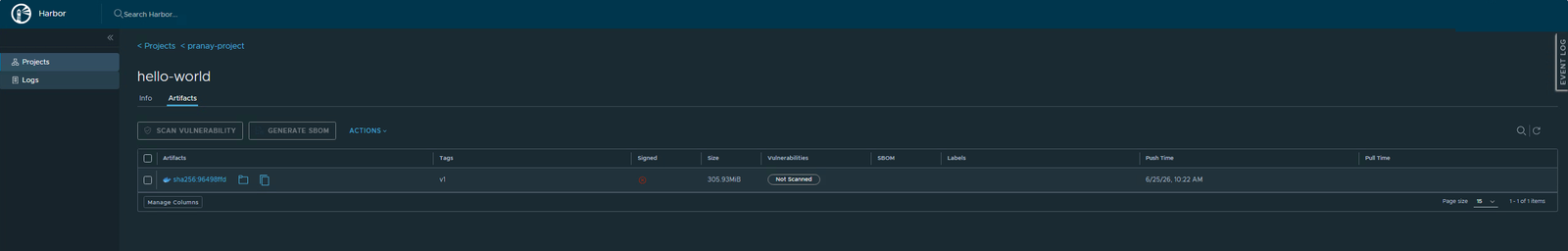 The hello-world artifact showing the v1 tag, size, and digest