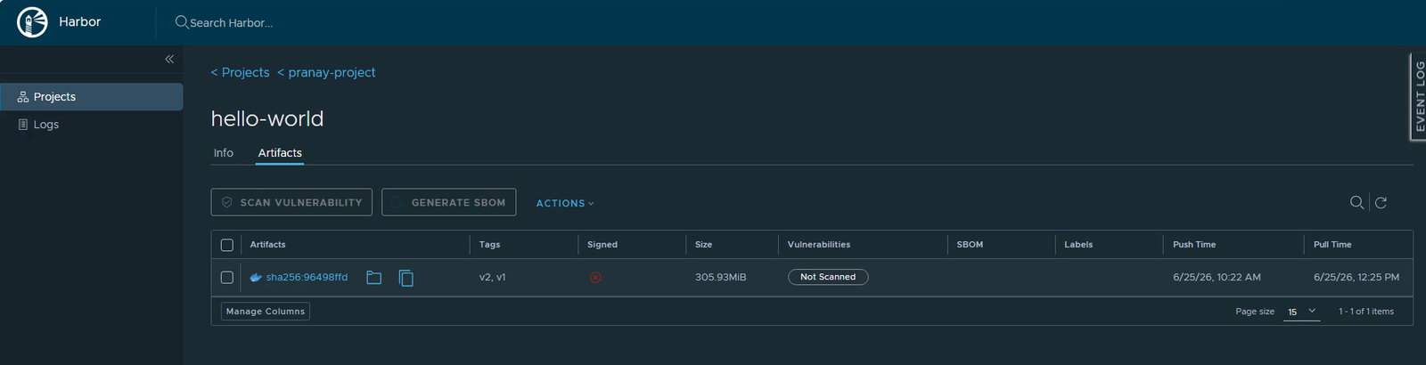 The same artifact now showing both v2 and v1 tags