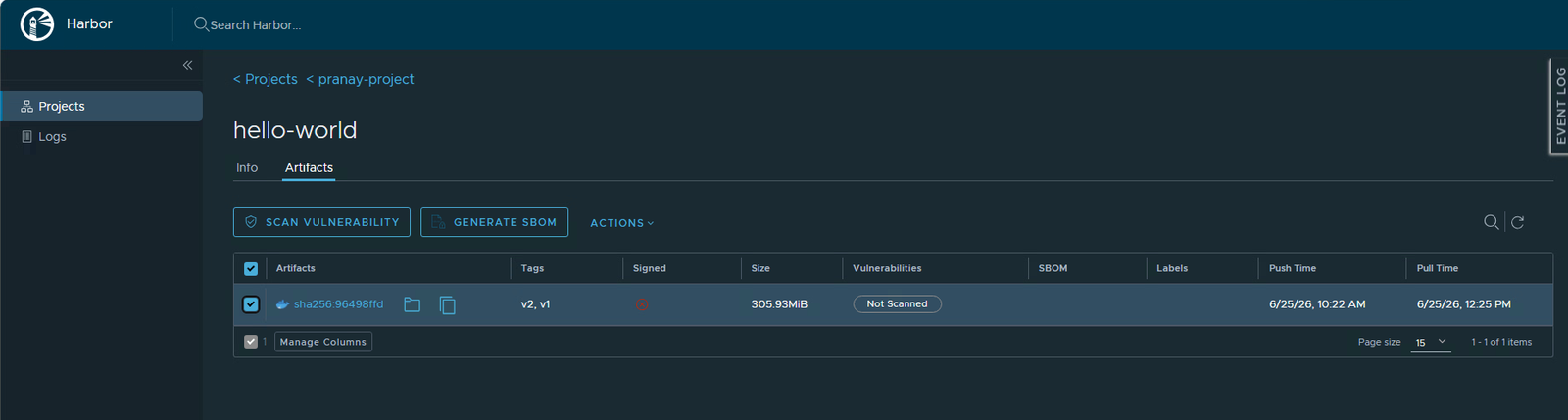 The artifact selected with the Scan Vulnerability button, still showing Not Scanned