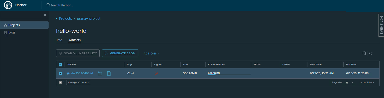 The Vulnerabilities column showing Scanning in progress
