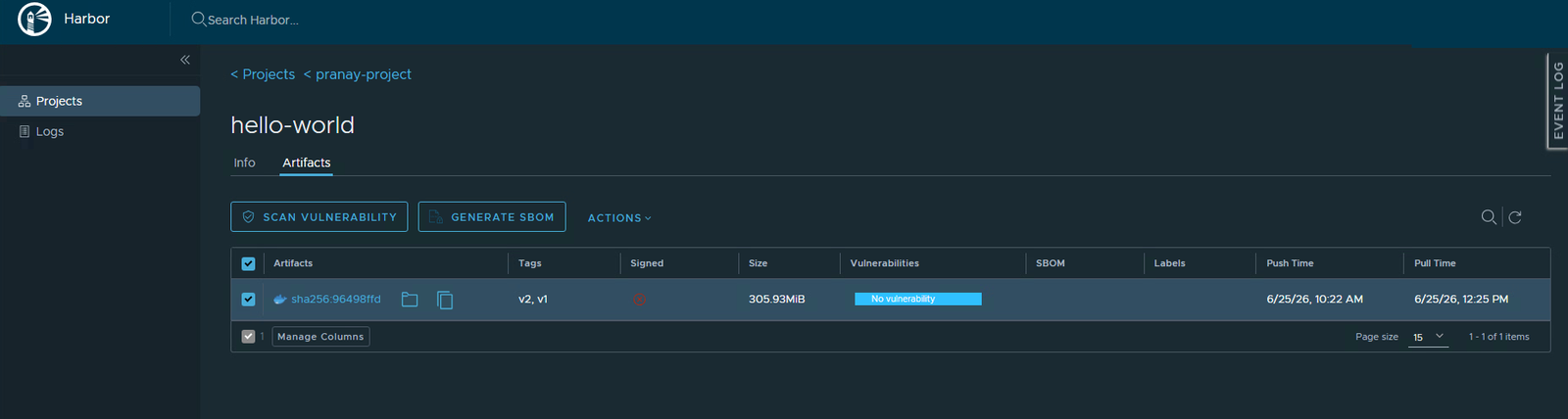 The Vulnerabilities column showing No vulnerability