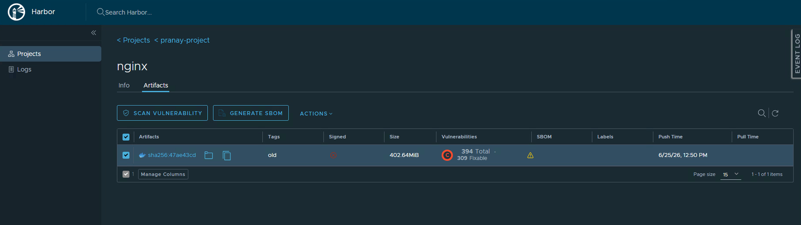 The nginx artifact scanned, showing 394 total vulnerabilities with 309 fixable