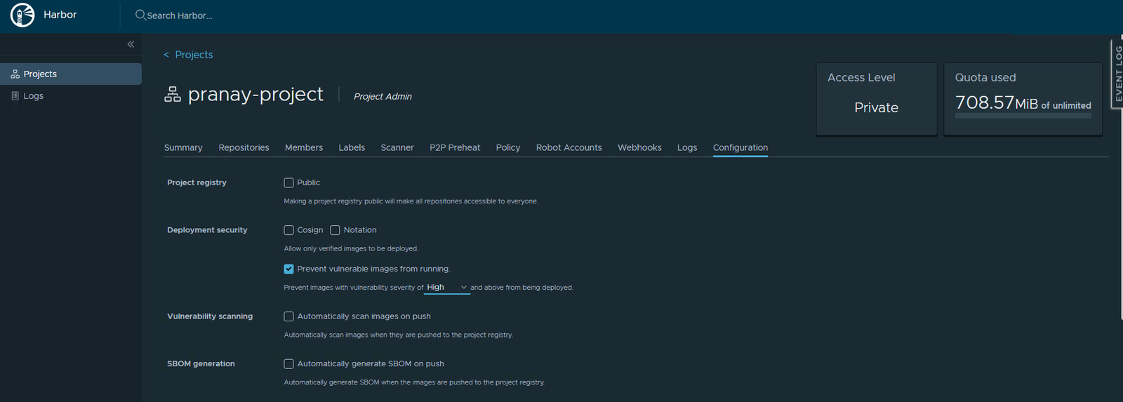 The Configuration tab with the prevent rule ticked and set to High