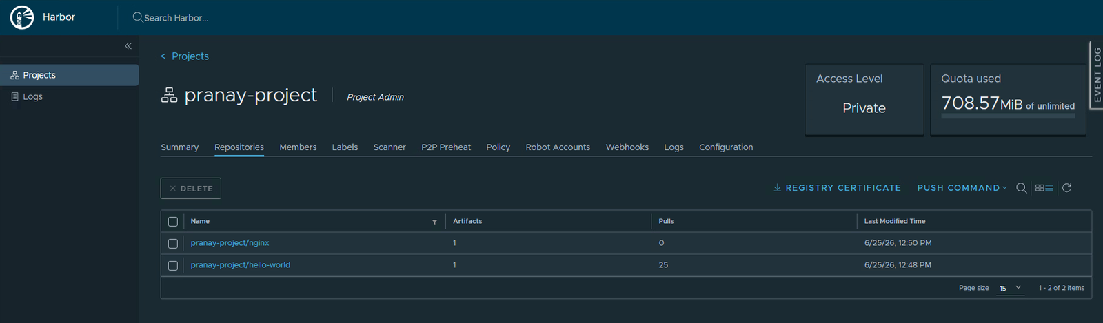 The project repositories list now showing nginx alongside hello-world