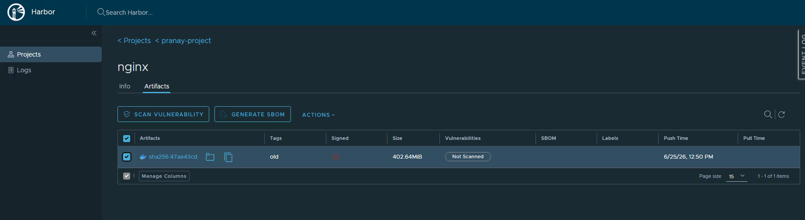 The nginx artifact showing Not Scanned