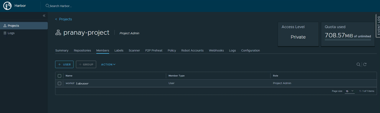 The Members tab showing a single Project Admin