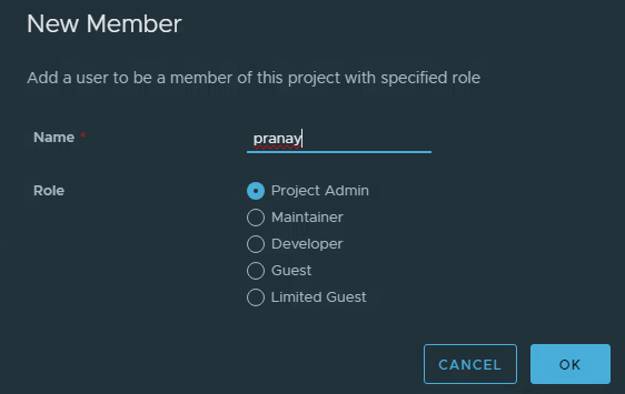The New Member dialog showing the five role choices