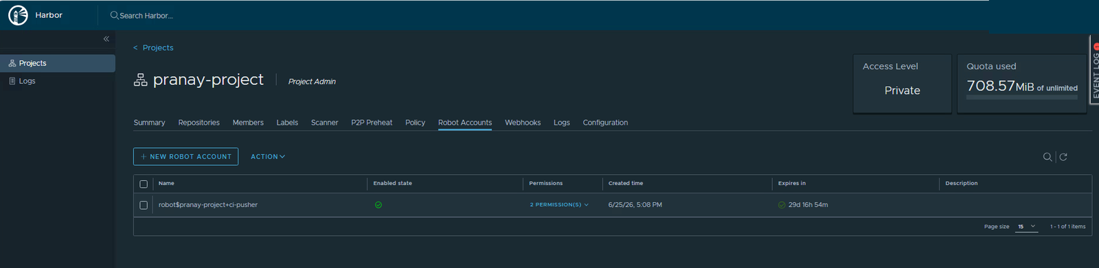 The Robot Accounts tab now listing the ci-pusher robot