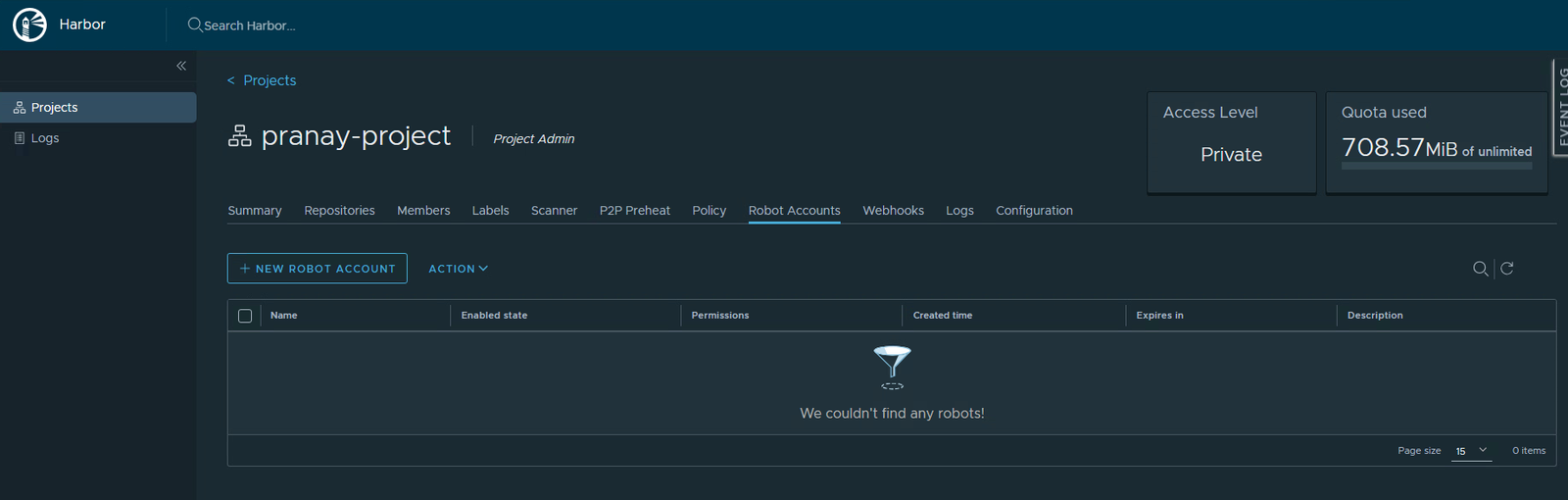 The empty Robot Accounts tab with a New Robot Account button