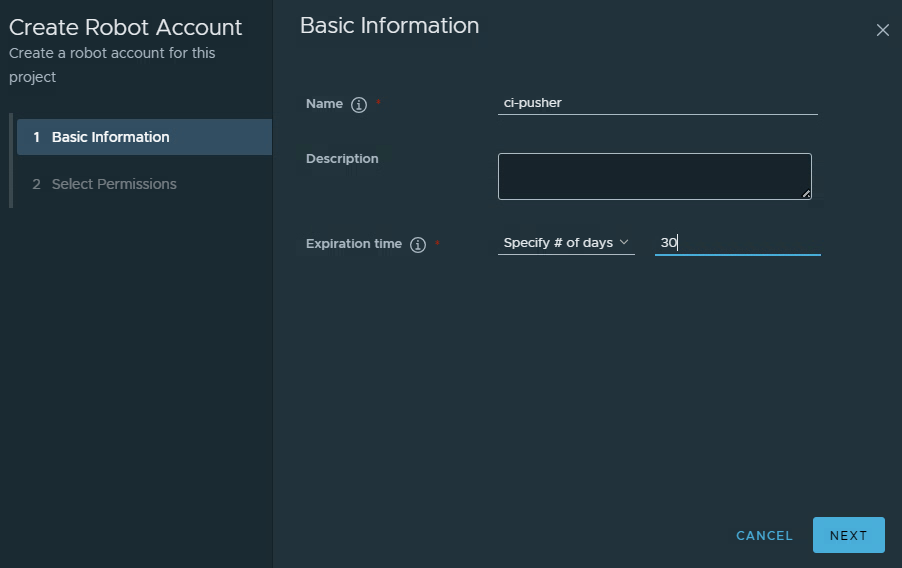 The robot account basic information step with a name and 30 day expiry