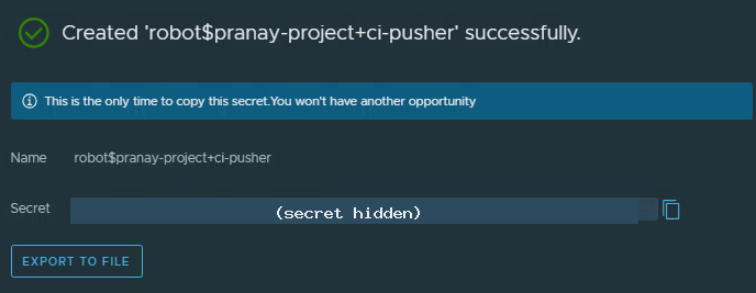 The success dialog showing the robot name and a hidden secret