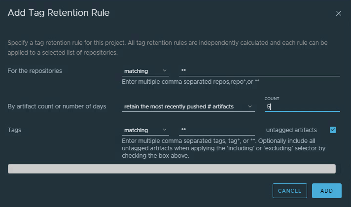 The Add Tag Retention Rule dialog set to retain the 5 most recent artifacts