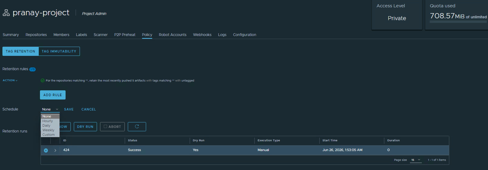 The schedule dropdown showing None, Hourly, Daily, Weekly, Custom