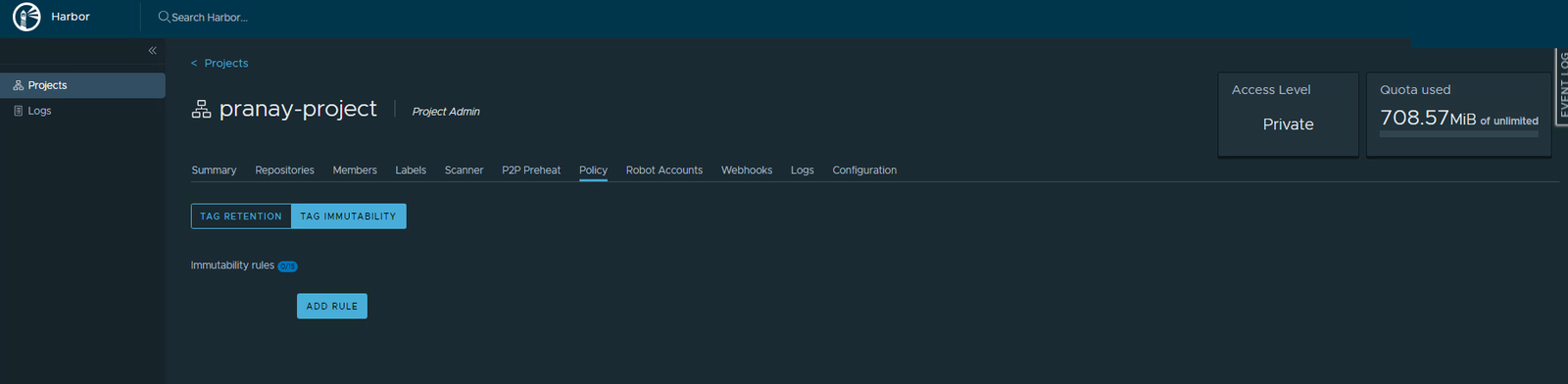 The Tag Immutability tab with no rules