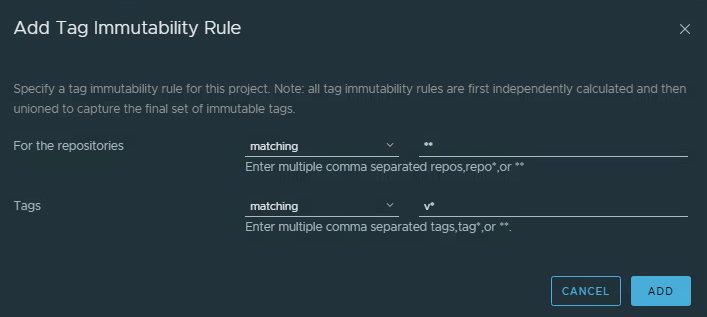 The Add Tag Immutability Rule dialog matching tags v*