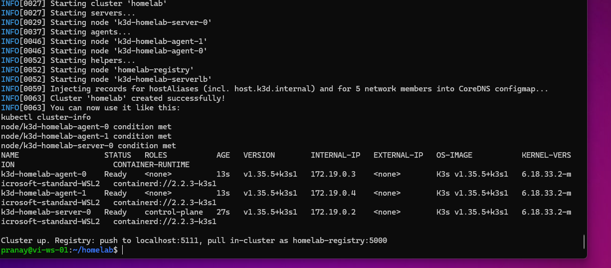 k3d cluster create output showing three nodes Ready