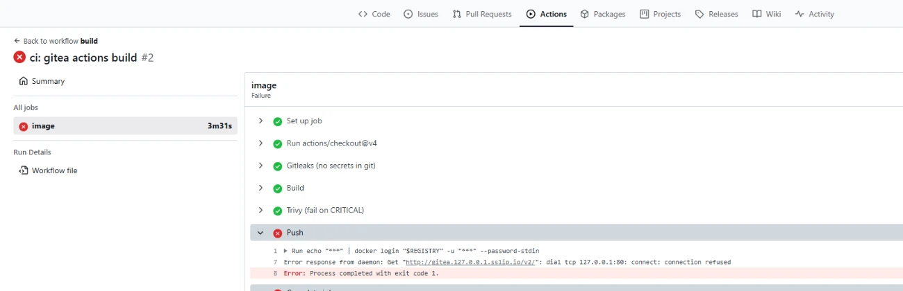 Gitea Actions job with Gitleaks, Build and Trivy green and Push failed with connection refused