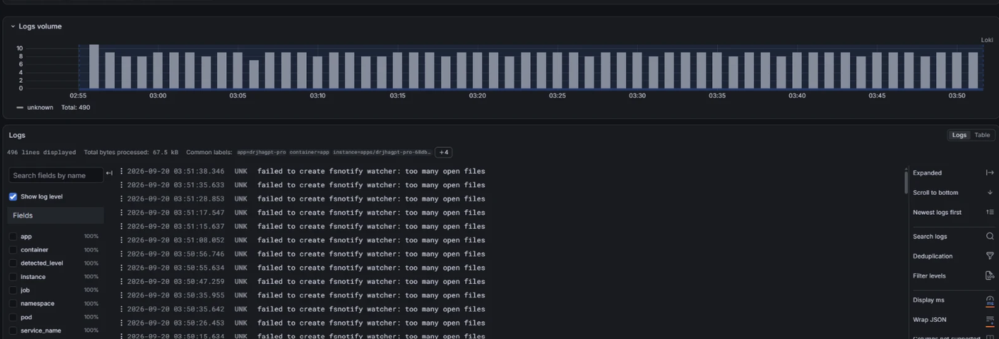 Grafana Explore with Loki showing a steady histogram and repeated fsnotify watcher errors