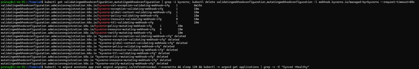 kubectl listing and deletion of nine Kyverno validating and mutating webhook configurations