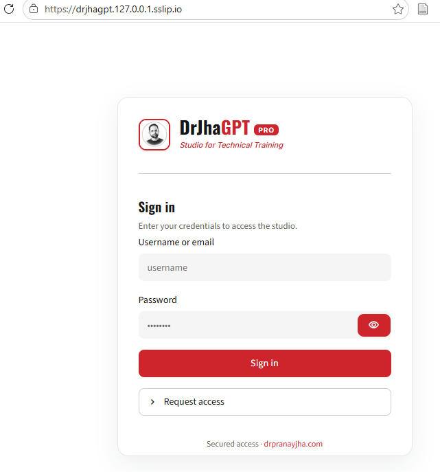 DrJhaGPT Pro sign-in page at drjhagpt.127.0.0.1.sslip.io with a valid certificate lock