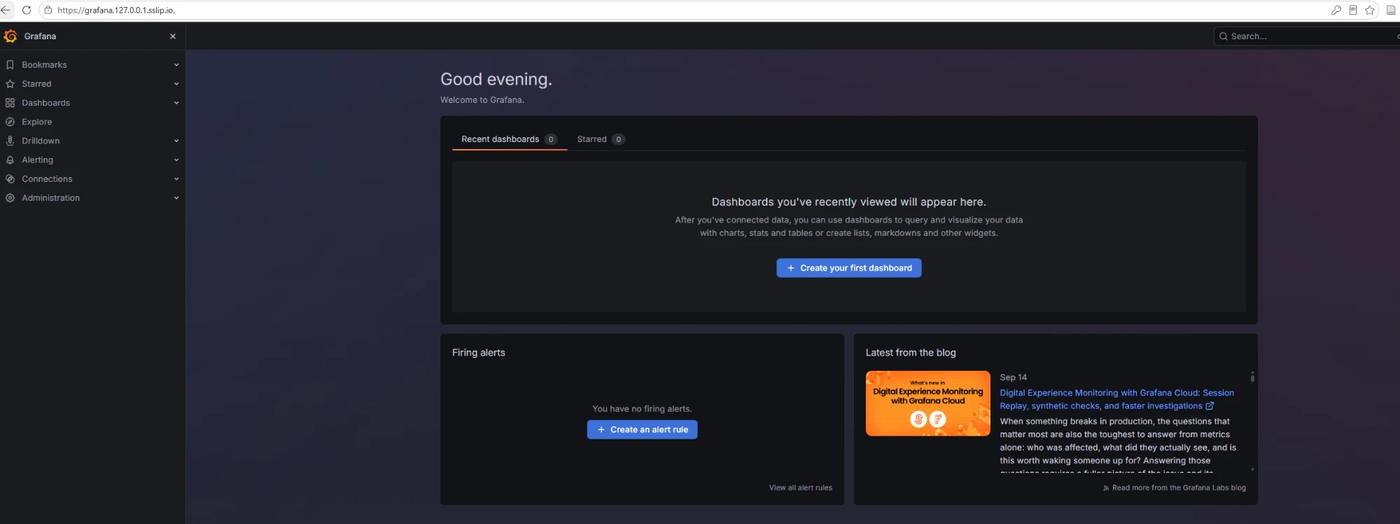 Grafana home page at grafana.127.0.0.1.sslip.io