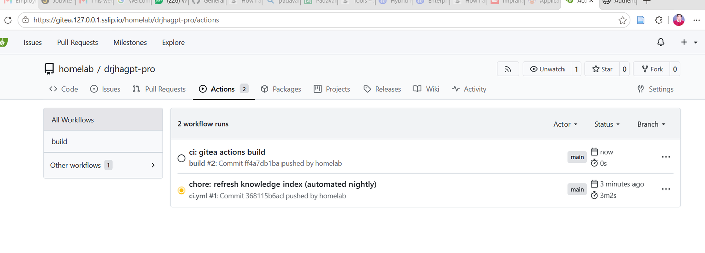 Gitea Actions tab of the drjhagpt-pro repository showing workflow runs