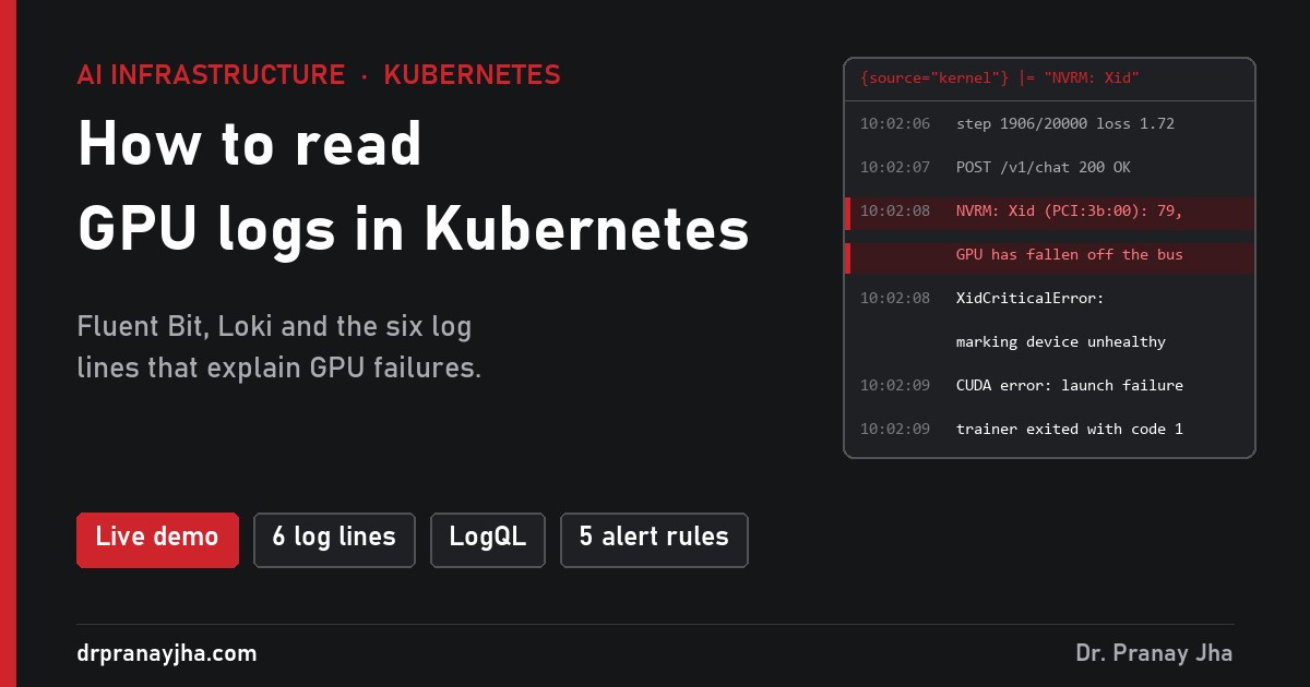 How to read GPU logs in Kubernetes: a log panel with an Xid 79 kernel line highlighted