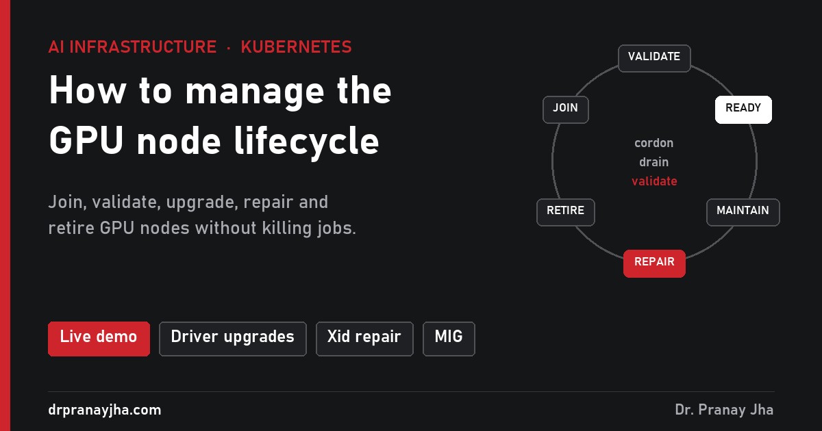How to manage the GPU node lifecycle in Kubernetes: a ring of six stages from join to retire, with Repair highlighted